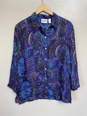 Vintage Chico's Design Silk Button Down size 1 Medium celestial purple sun